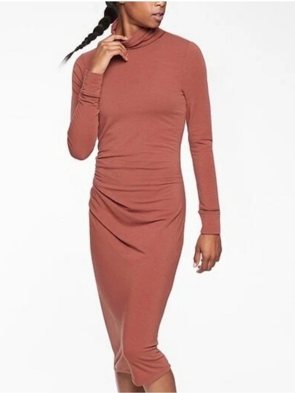 Athleta Long-Sleeve High Neck Maxi Dress in Rust Brown